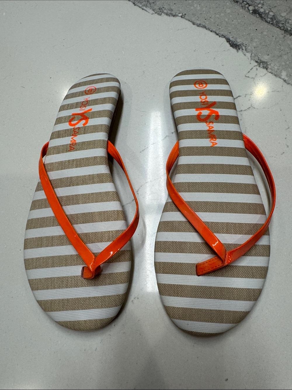 Yosi Samra Orange Strap Tan and White Striped Flip Flop Sandals Sz8
